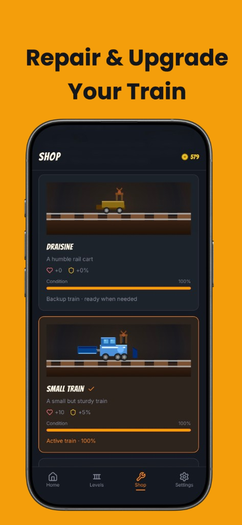 Repair and upgrade your train — phone showing the shop