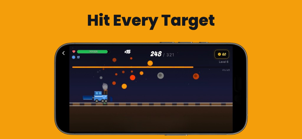 Hit every target — phone in landscape showing Rail Slingshot gameplay