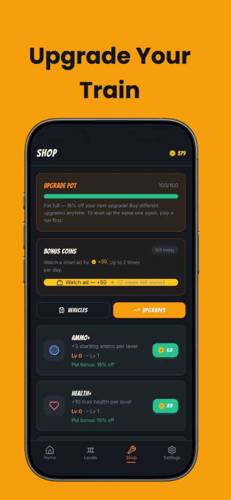 Upgrade your train — phone showing the upgrades shop