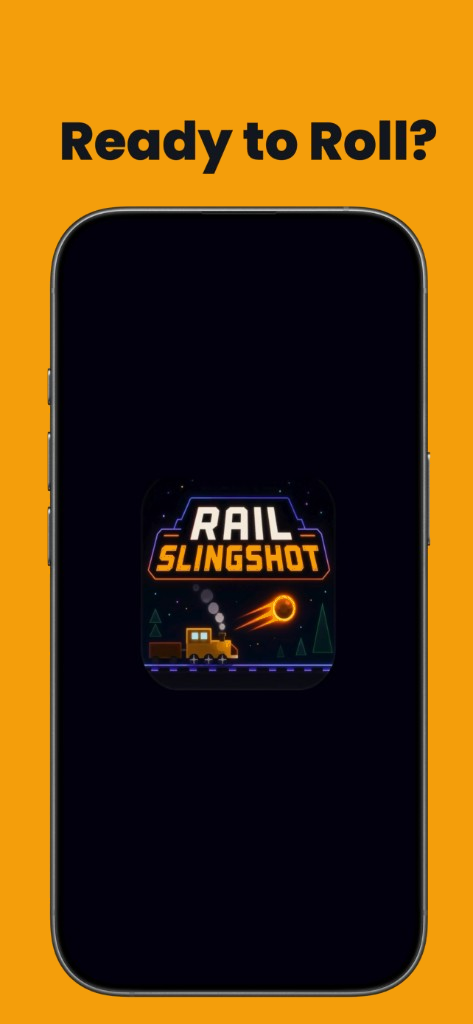 Phone showing the Rail Slingshot app icon on an orange background